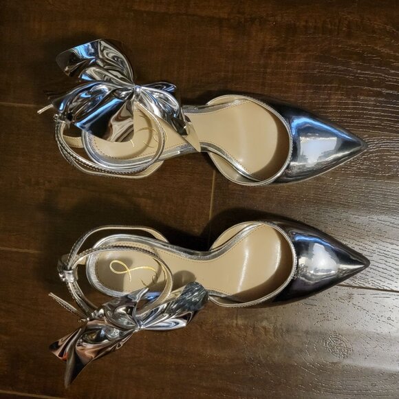 NEW Sam Edelman Halie Bow Heels Womens 7.5 Shiny Silver Chic Formal Party Classy - Picture 2 of 9